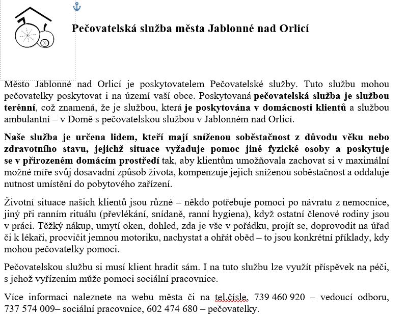 Pečovatelská služba Jablonné nad Orlicí